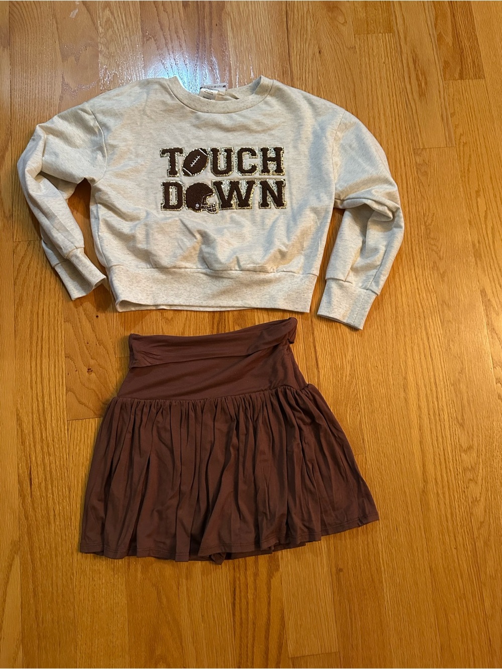 Kids Cream 'Touch Down' Graphic Sweatshirt with Brown Skirt Set